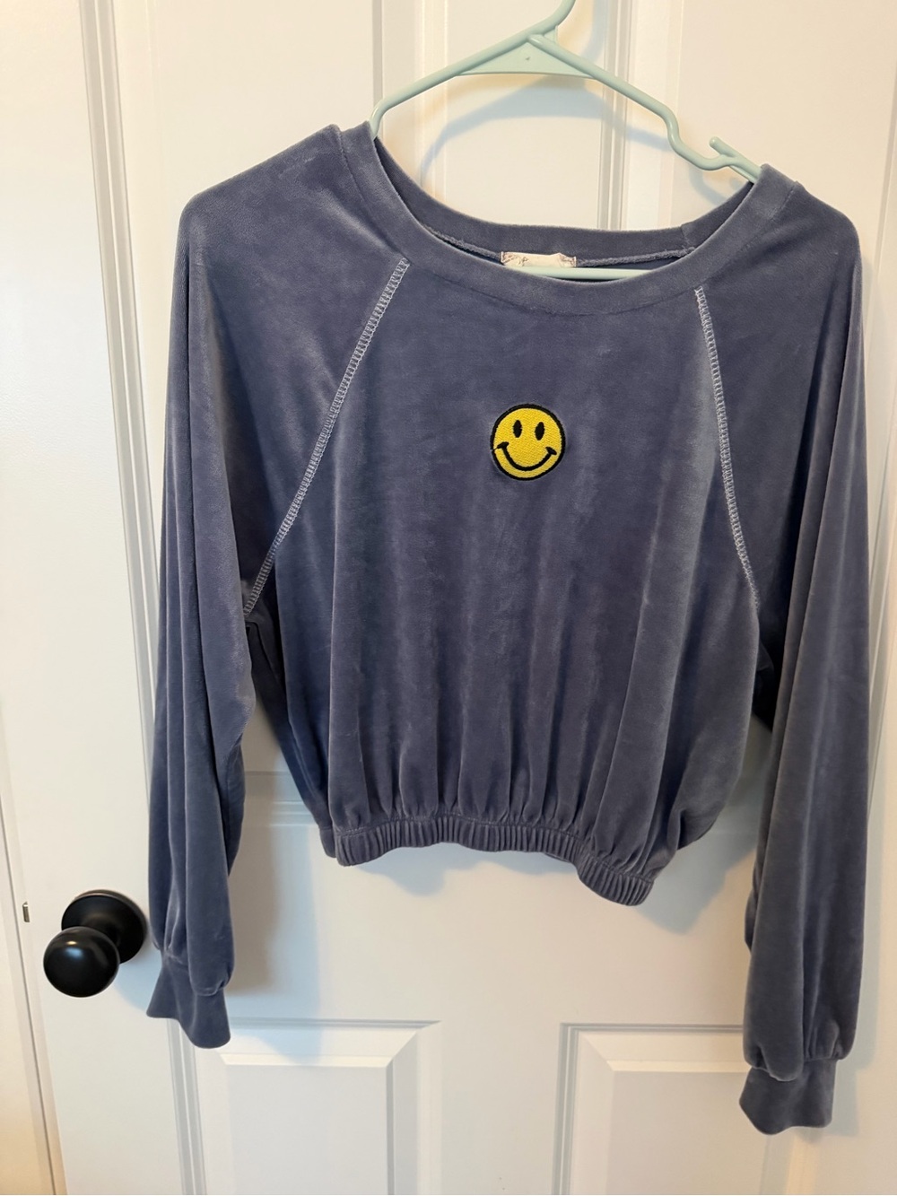 Altar'd State Slate Blue Velour Sweatshirt with Smiley Patch